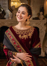 KP556-Velvet Winter Embroidered 3 Piece Dress With Organza embroidered Dopata